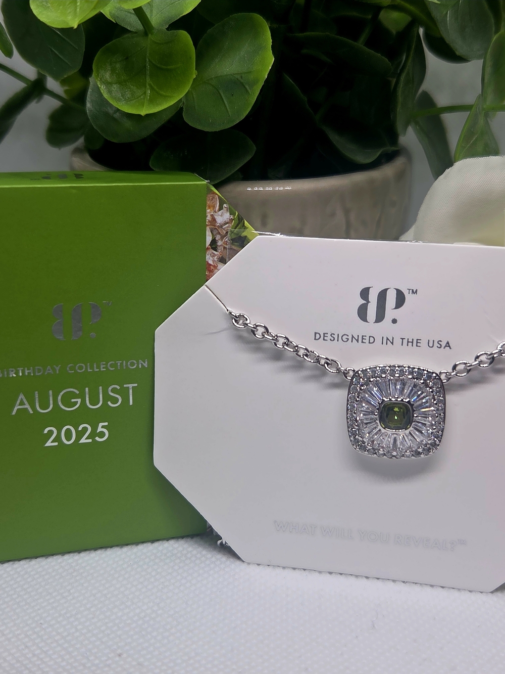 BP August 2025 B-day Peridot Square Halo Necklace